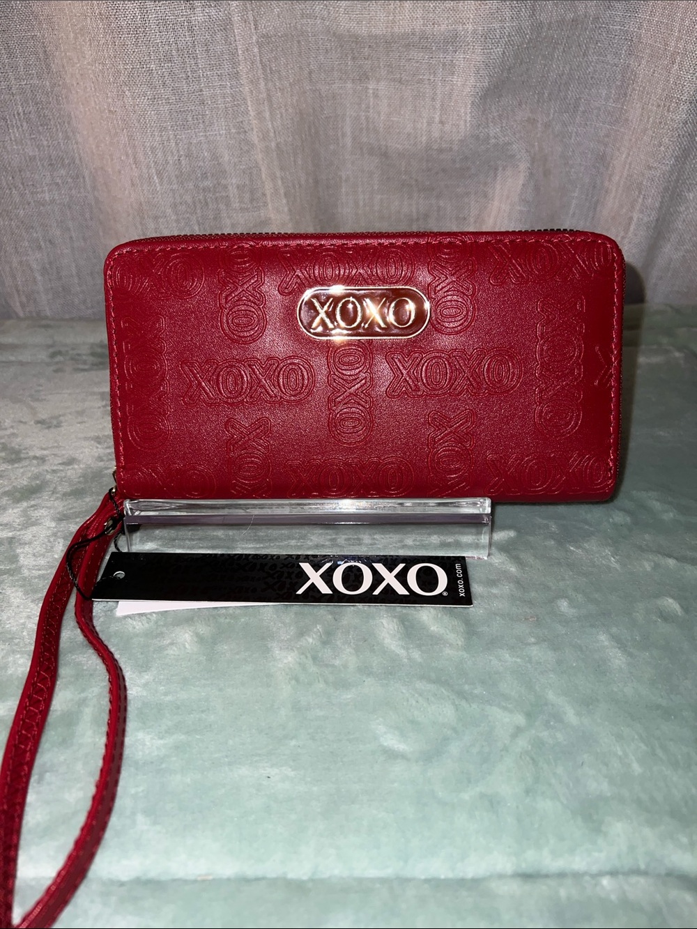 XOXO Red Embossed Zip Wallet with Wrist Strap